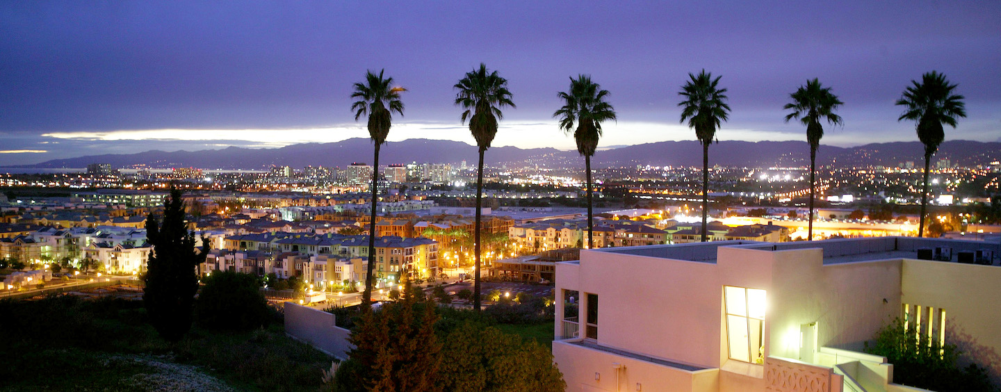 Night time on the bluff. The sky is dark with LA's skyline lit up.